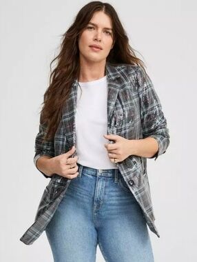 NWT Torrid Sequin Plaid Notch-Lapel Blazer Jacket in Turquoise, Gray and Black